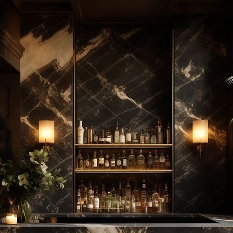 Dan OKelly Studio | Amsterdam on Instagram: "Dark Elegance: Sip in Style at Your Chic Home Bar. Design by #danokellystudio Stepping into this home bar is like entering a private speakeasy where luxury and intimacy swirl together like the finest aged whiskey. Embrace the allure of a bygone era reimagined with a contemporary twist in this home bar, where the richness of dark marble meets the soft glow of ambient lighting. Slide into one of these plush stools and let’s toast to timeless elegance. Drop me a message, and let's stir up a space that's shaken with style. info@danokellystudio.com “Mix, mingle, and make it your own – because the best bars are where you feel like you belong.” - Dan O’Kelly #homebar #homebardesign #interiordesign #aiinteriordesign #aiartist #marble #darkmarb Moody Bar Design, Bar Wall Design, Bar Lounge Design, Ski Bar, Bar Nook, Dark Mirror, Aged Whiskey, Dark Marble, Home Bar Design