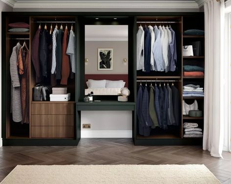 Wardrobe Design With Dressing Table, Neville Johnson, Mirror Cupboard, Walnut Interior, Dressing Room Decor, Luxury Storage, Designer Looks, Wardrobe Furniture, Wardrobe With Dressing Table