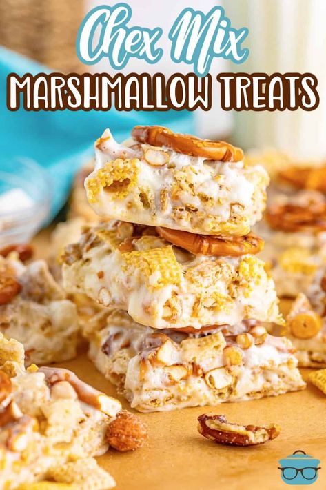 Chex Mix Marshmallow Treats are easy to make and even easier to eat. All the flavors of a Chex mix but in a sweet and gooey no bake treat! Cake Batter Fudge, Yummy Bars, Chocolate Walnut Fudge, Gf Cookies, Walnut Fudge, Snack Mixes, Best Banana Pudding, Rice Chex, Pie Bites