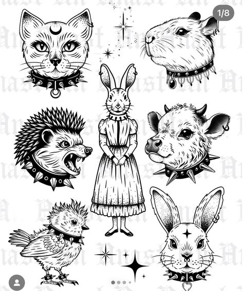 Spooky Animal Tattoos, Animal Flash Tattoo, Goth Flash Tattoo, Dark Style Tattoo, Group Tattoos, Samurai Tattoo Design, 4 Tattoo, Flash Tattoo Designs, Tattoo Flash Sheet