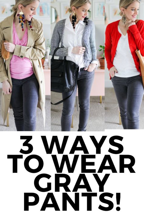 3 ways to wear gray pants! Also includes ideas for accessories! gray pant outfit ideas. Gray Corduroy Pants Outfit Women, Gray Corduroy Pants Outfit, Outfits With Gray Pants, What To Wear With Grey Pants, Gray Pants Outfit Casual, Gray Dress Pants Outfit, Gray Pants Outfit For Work, Grey Dress Pants Outfit, Slacks Outfit