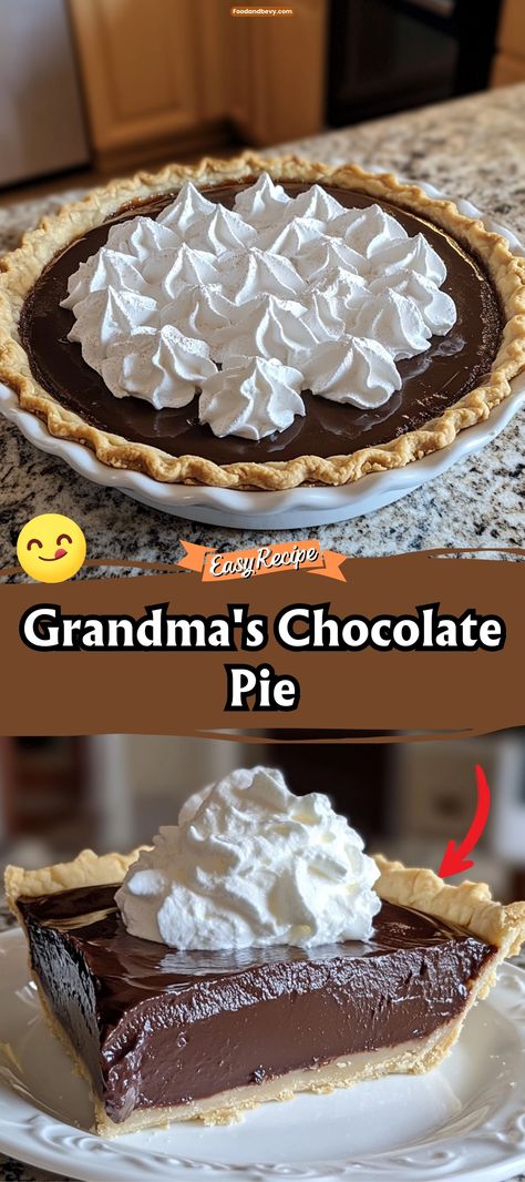 Relive cherished family memories with Grandma’s Chocolate Pie, a rich, velvety chocolate custard nestled in a flaky, buttery crust. Topped with a cloud of whipped cream or meringue, this pie is a timeless dessert that’s bound to bring smiles at any gathering or special occasion. #ChocolatePie #FamilyDessert #ClassicBakes Raisin Pie Recipe, Grandma's Chocolate Pie, Old Fashioned Chocolate Pie, Homemade Chocolate Pie, Fluffy Meringue, Chocolate Pie Filling, Easy Chocolate Pie, Chocolate Pie Recipe, Chocolate Cream Pie Recipe