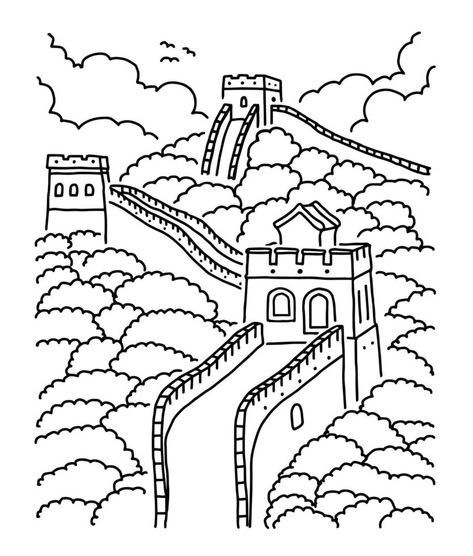 Great Wall Of China Drawing, China Drawing, China For Kids, China Background, Chinese Drawing, Chinese Illustration, Tools Drawing, Chinese Wall, Paper Plants