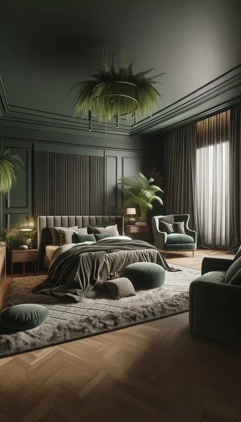 25 Inspiring Dark Green Bedroom Ideas for a Refreshing Change Lush Bedding, Green Upholstered Bed, Dark Green Bedroom Ideas, Dark Green Bedroom, Green Bedroom Walls, Green Bedroom Ideas, Dark Green Wallpaper, Moody Bedroom, Bedroom Ambiance