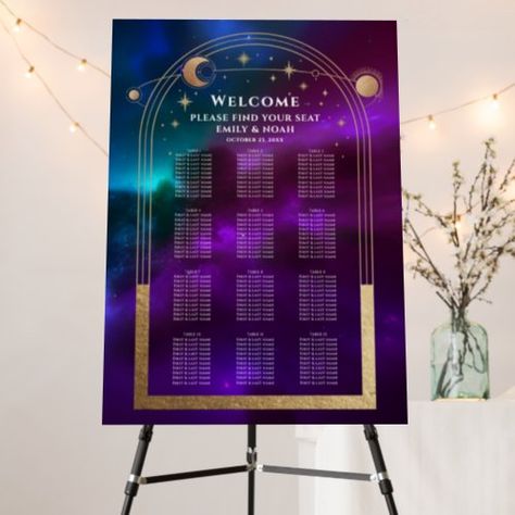 $77.20 | Cosmic Purple Teal Gold Sun Moon Stars Wedding #wedding, seating wedding, elegant wedding, modern chic arrangement, wedding reception seating chart, modern freestanding plan, spring summer fall winter, elegant table plan, simple arrangement, purple teal gold wedding Teal Gold Wedding, Moon Stars Wedding, Astronomy Wedding, Wedding Reception Seating Chart, Wedding Foam Board, Wedding Decals, Cosmic Background, Stars Astronomy, Reception Seating Chart