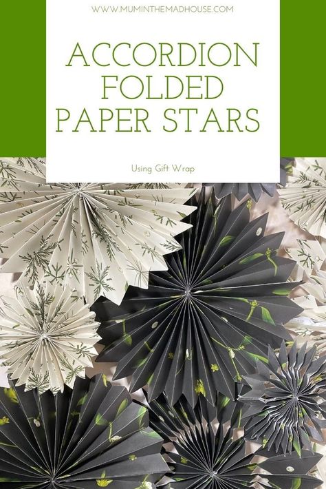 These accordion folded paper stars are so simple to make but look amazing. Such an addictive Christmas craft with easy to follow instructions. Paper Folded Stars, Paper Accordion Ornaments, Wrapping Paper Stars Diy, How To Make Paper Stars Easy, How To Make A Paper Star Easy, Folded Paper Christmas Ornaments, Wrapping Paper Ornaments, Folded Paper Stars Tutorial, Paper Star Decorations