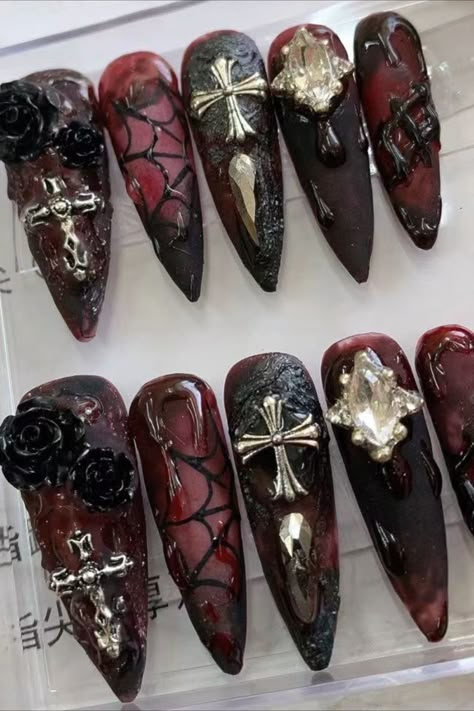 Diablo Wind Premium luxury handmade Almond nails Gothic Nail Art, Vampire Nails, Witchy Nails, Fake Nails Designs, Fantasy Nails, Punk Nails, Gothic Nails, Edgy Nails, Grunge Nails