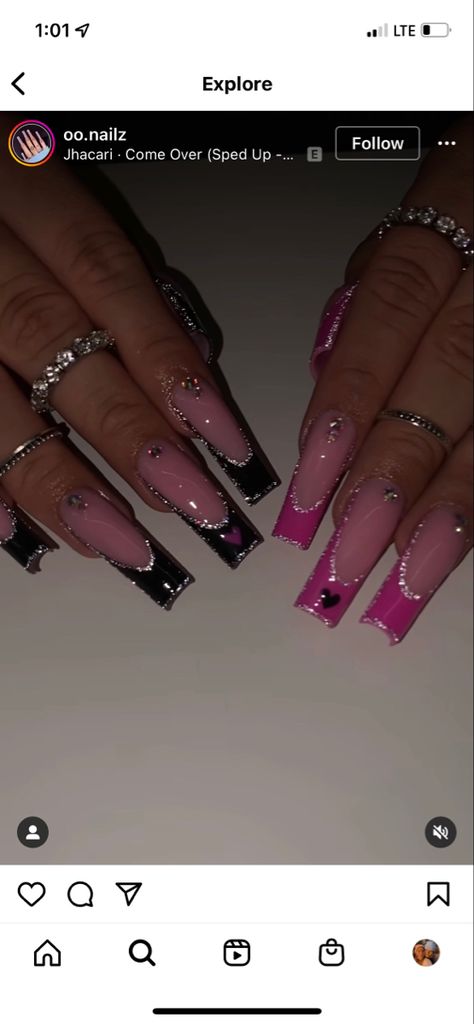 Birthday Nails Tapered Square Long, Long French Tip Nails Square With Design, Black Tapper Square Nails, Tamper Square Nails, Black Square Nails Long, Black And Pink Square Nails, Medium Tapered Square Acrylic Nails, Black Square Nails Design, Medium Acrylic Nails Square