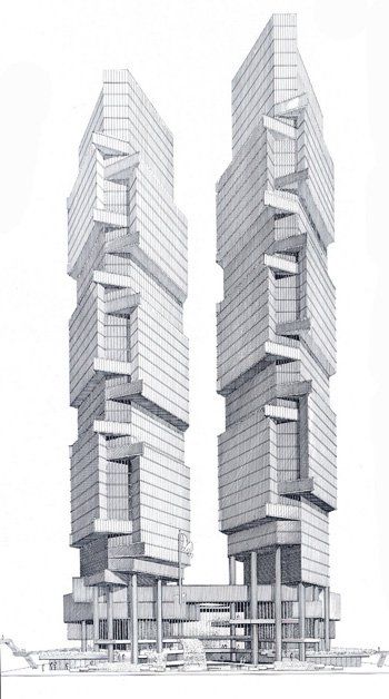 Paul Rudolph, Building Sketch, Architecture Sketchbook, Tall Buildings, Architecture Graphics, Architectural Sketch, Brutalist Architecture, Diagram Architecture, Architecture Illustration