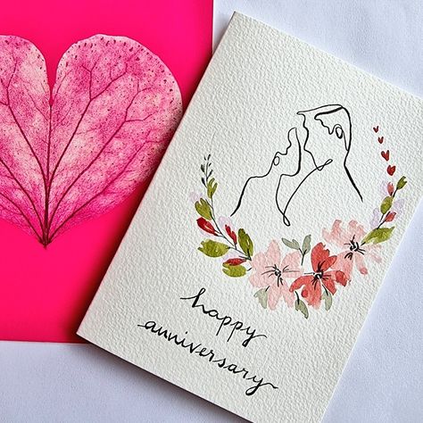 Cards For Wedding Anniversary, Engagement Cards Handmade Watercolour, Watercolour Anniversary Cards Handmade, Wedding Anniversary Painting Ideas, Wedding Card Handmade Ideas, Anniversary Watercolor Painting, Hand Painted Anniversary Cards, Cute Cards For Husband, Wedding Anniversary Watercolor Cards