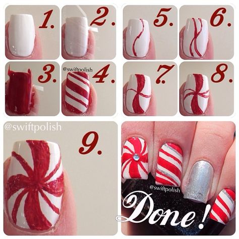 Peppermint Swirl Nails, Swirl Nail Art, Swirl Nails, Candy Cane Nails, Nails Tutorial, Blue Acrylic Nails, 25 Days Of Christmas, Disney Nails, Peppermint Candy