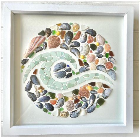 Sea Shell Wave Art, Shell And Rock Art, Beach Picture Frames Diy, Coastal Decorating Ideas Beach Inspired, Sea Glass Wall Hanging, Seashell Shadow Box Ideas Diy, Seaglass Resin Art, Shell Stepping Stones, Shell Artwork Ideas