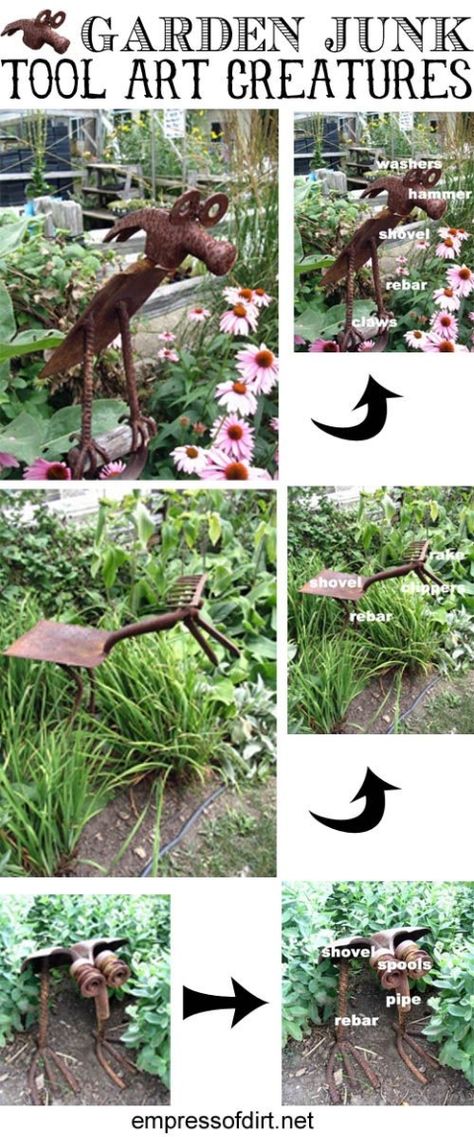 Garden+Junk+Tool+Art+Creatures Rusty Garden Art, Funky Garden Ideas, Diy Yard Art From Junk, Wonderland Creatures, Garden Critters, Old Garden Tools, Garden Junk, Outdoor Crafts, Metal Yard Art