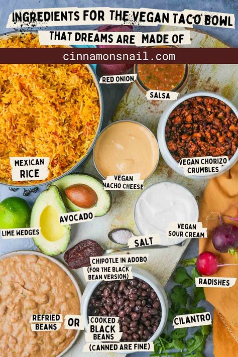 Tofu Recipes Mexican Burrito Bowls, Burrito Bowl Vegan, Fluffy Mexican Rice, Vegan Burrito Bowl, Lunch Board, Rice Tofu, Vegan Nacho Cheese, Vegan Tamales, Burrito Bowl Recipe