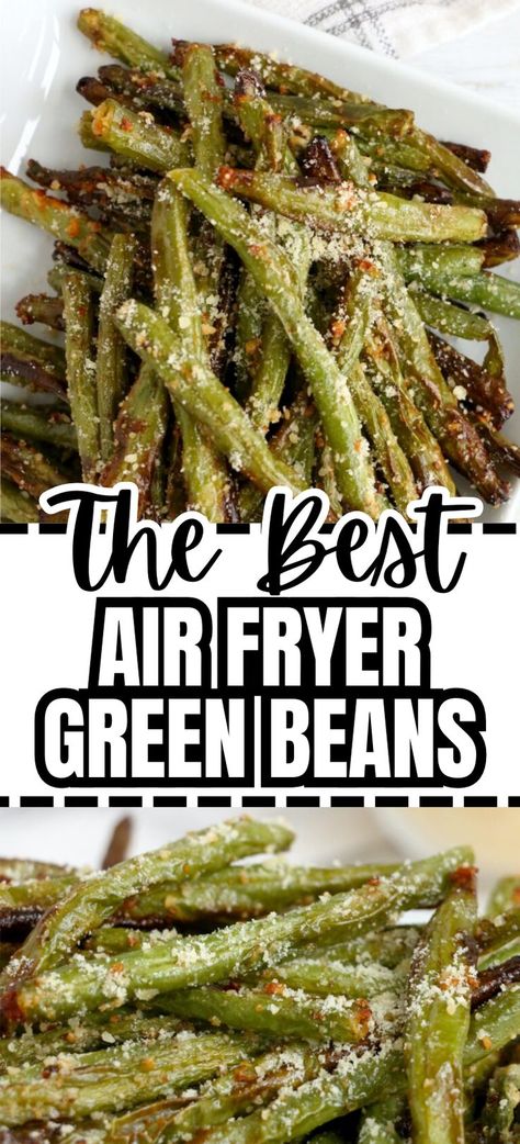 Closeup shot of air fryer green beans with parmesan cheese at top and bottom. Green Beans Vegan, Air Fryer Green Beans, Air Fried Green Beans, Parmesan Green Beans, Fried Green Beans, Cooking Green Beans, Garlic Green Beans, Frozen Green Beans, How To Cook Beans