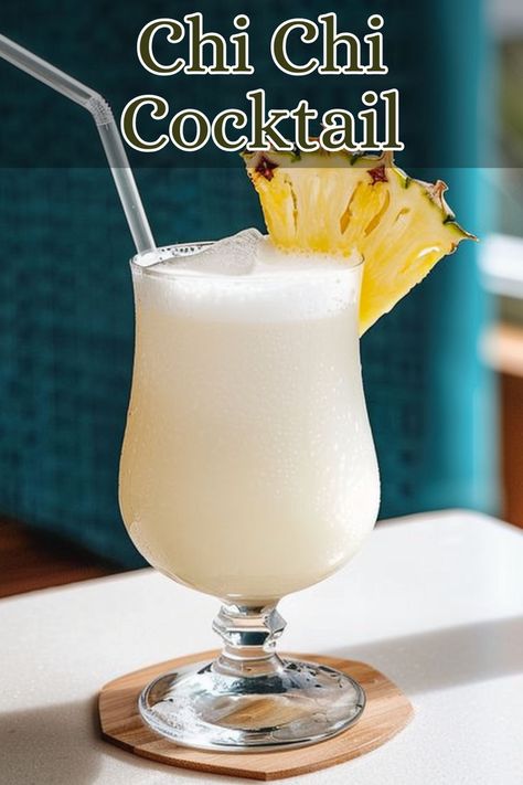 The Chi Chi is a tropical cocktail known for its refreshing and creamy flavor profile. Made with vodka, cream of coconut, and pineapple juice, it offers a smooth and sweet taste reminiscent of a Piña Colada but with a distinct vodka kick. Chi Chi Drink, Vodka Pina Colada Recipe, Coconut Vodka Drinks, Pineapple Vodka Drinks, Chi Chi Recipe, Winter Vodka Cocktails, Drinks With Pineapple Juice, Vodka And Pineapple Juice, Coconut Vodka