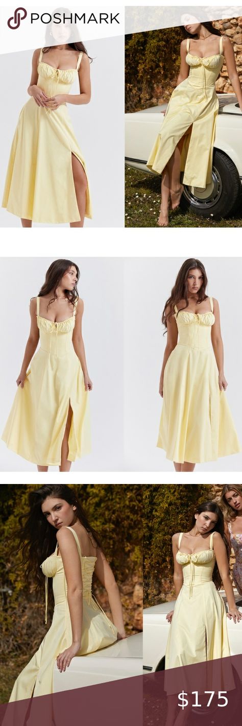 HOUSE OF CB 'Carmen' Buttercup Bustier Sundress yellow NWOT size S House Of Cb Yellow Dress, Bustier Sundress, Anniversary Brunch, Winter Gown, Winter Gowns, Valentines Dress, Dress Coquette, Bodycon Gown, Grad Outfits