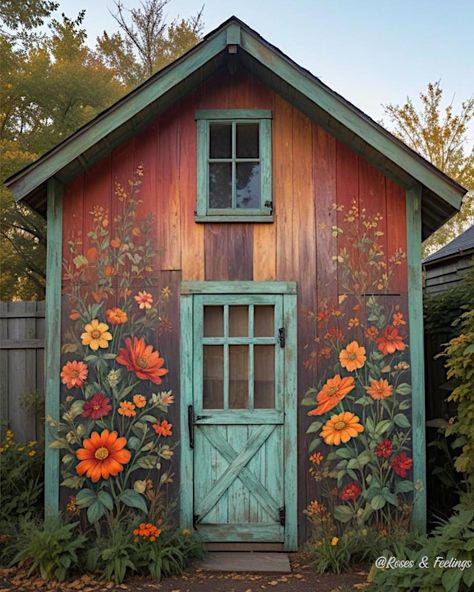 Gothic She Shed, Shed Murals Outdoor, Shed Painting Ideas, Back Yard Shed, Painting Shed, Painted Shed, Shed Makeover, Pool Shed, Art Shed