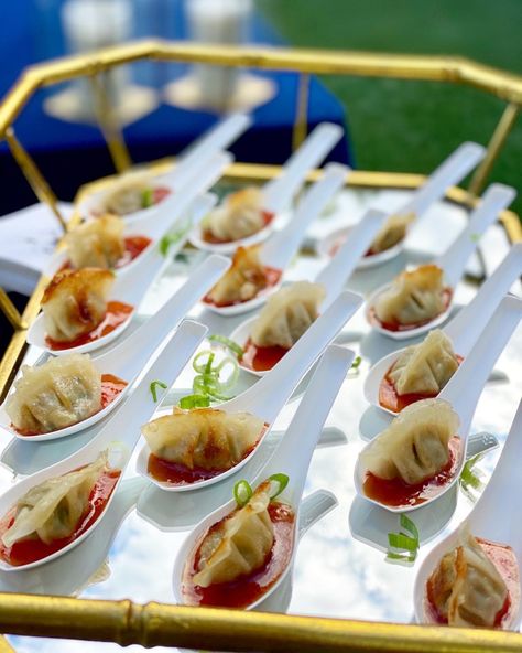 Petite Pot Stickers* - A Thyme Savor Japanese Hors D’oeuvres, Asian Wedding Food Ideas, Garden Party Hors D'oeuvres, Dumplings Wedding, Dim Sum Wedding, Appertiser Ideas For Party, Cocktail Hour Horderves, Spoon Appetizers Ideas, Passed Appetizers Wedding