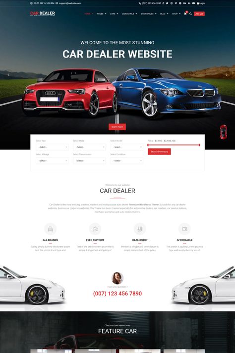 Car Dealer is a modern and responsive WordPress theme designed for automotive businesses, car dealerships, and car sales websites. With its sleek and professional design, Car Dealer offers a user-friendly browsing experience that is optimized for all devices.This theme includes a range of features that make it easy to showcase your inventory of cars and services. Car Dealership Website Design, Car Dealership Website, Automotive Website Design, Car Shop Design, Car Website Design, Car Dealership Design, Clean Web Design, Sales Website, Car Ui