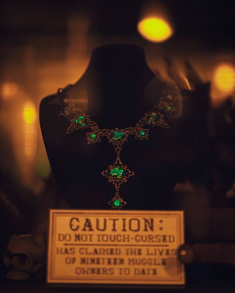 The cursed opal necklace… sitting in a glass cabinet in borgin and burkes in knockturn alley at universal Orlando 😮‍💨 ⠀ ⠀ #borginandburkes #cursednecklace #universalorlando #harrypotterphotography Cursed Necklace, Number 12 Grimmauld Place, Borgin And Burkes, Harry Potter Photography, 12 Grimmauld Place, Harry Potter Cursed, Harry Potter Curses, Shell Cottage, The Ministry Of Magic