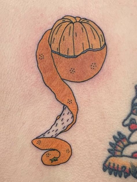 Matching Orange Tattoos, Crunchy Tattoos, Orange Peel Drawing, Tattoo Of Orange, The Orange By Wendy Cope Tattoo, Mandarin Orange Tattoo, Peeled Orange Tattoo, Clementine Tattoo Black And White, Orange Peel Tattoo