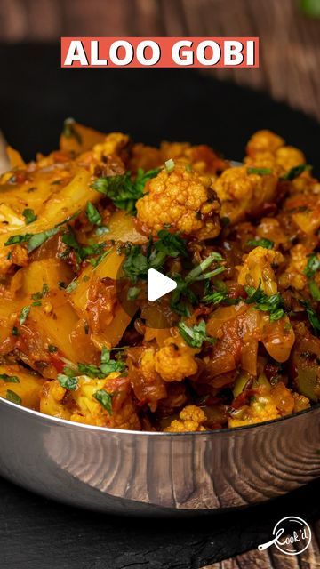 Cookd on Instagram: "⁣Aloo + Gobi = the combination you need!⠀ ⠀ Aloo Gobi Recipe:⠀ ⠀ Potato (diced) - 1 Cup⠀ Cauliflower Florets - 1 Cup⠀ Onion (finely chopped) - 1 no⠀ Tomato (finely chopped) - 2 nos⠀ Garlic (finely chopped) - 5 Cloves⠀ Green Chilli (finely chopped) - 1 no⠀ Oil - 2 tbsp⠀ Cumin Seeds - ½ tsp⠀ Fennel Seeds - ¼ tsp⠀ Turmeric Powder - ¼ tsp⠀ Red Chilli Powder - ½ tsp⠀ Coriander Powder - ½ tsp⠀ Garam Masala Powder - ½ tsp⠀ Salt - ¾ tsp⠀ Water - 1 ¾ Cups⠀ Coriander Leaves - 1 tbsp⠀ ⠀ Cooking Instructions:⠀ ⠀ 1. Heat oil in a Kadai, add cumin seeds, fennel seeds and let it splutter.⠀ ⠀ 2. Add onion, garlic, green chilli and saute till it turns golden brown.⠀ ⠀ 3. Add tomatoes, turmeric powder, red chilli powder, coriander powder, salt, saute till the tomatoes are mushy and the Cauliflower Masala Curry, Gobi Masala Recipe, Indian Starters, Aloo Gobi Recipe, Gobi Recipe, Gobi Recipes, Garam Masala Powder, Recipe Potato, Aloo Gobi