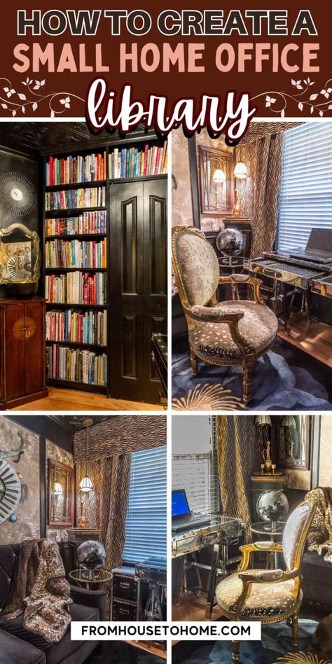 Black And Gold Small Home Office Library - From House To Home Small Dark Academia Office, Dark Academia Small Office, Dark Academia Library Room, Dark Academia Reading Nook, Closet Library Ideas, Small Home Office Library, Library Office Room, Cozy Library Room Ideas, Bedroom Reading Area