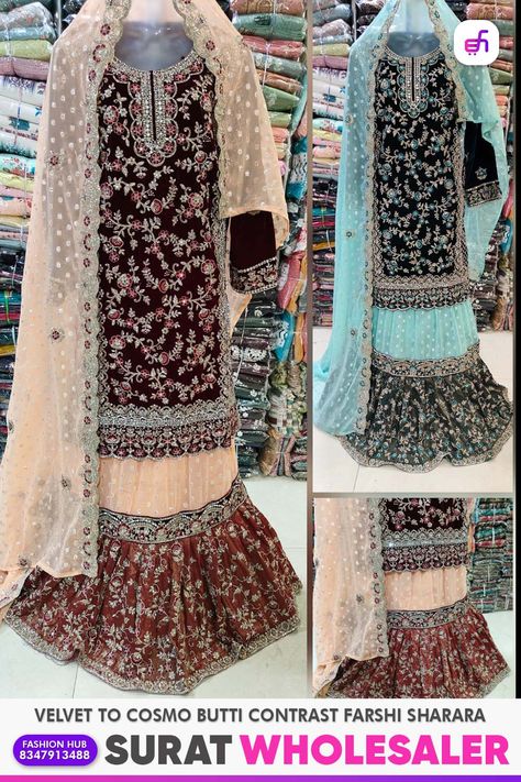 Image of a luxurious Velvet To Cosmo Butti Contrast Farshi Sharara - a stunning designer wedding dress, perfect for a Pakistani nikkah ceremony. It exudes quality and style, making it an excellent choice for brides. Discover more at our online wholesale store. Farshi Sharara Pakistani, Designer Wedding Dresses Indian, Farshi Gharara Pakistani, Gharara Pakistani, Pakistani Nikkah, Nikkah Ceremony, Wedding Dresses Indian, Nikkah Dress, Beauty Spot