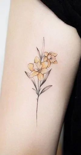 Daffodil Tattoos: Meanings, Tattoo Designs & Ideas Yellow Flower Tattoo, Daffodil Flower Tattoos, Narcissus Flower Tattoos, December Birth Flower, Daffodil Tattoo, Flower Tattoo Shoulder, 4 Tattoo, Birth Flower Tattoos, Line Art Tattoos