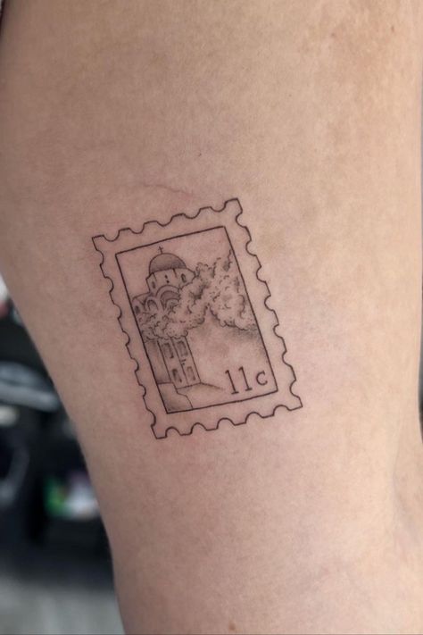 Europe Travel Tattoo Ideas, European Summer Tattoo, Aesthetic Travel Tattoos, Florence Stamp Tattoo, Greece Postage Stamp Tattoo, Travel Line Tattoo, Greek Stamp Tattoo, Greece Stamp Tattoo, Fine Line Stamp Tattoo