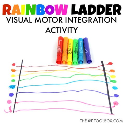 Rainbow Ladder-this visual motor activity can help kids to work develop the skills to form letters and numbers correctly, to write on lines, and to copy words and sentences from a model. Ladder Crafts, Fine Motor Journals, Vision Therapy Activities, Visual Motor Activities, Visual Perceptual Activities, Occupational Therapy Kids, Visual Processing, Visual Tracking, Occupational Therapy Activities