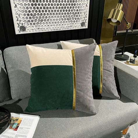 Cushions For Dark Green Sofa, Cushions On Sofa Living Rooms, Gray Couch Green Pillows, Gray And Green Living Room, Green Chair Living Room, Green And Grey Living Room, Green And Gold Living Room, Patchwork Velvet, Color Bedroom