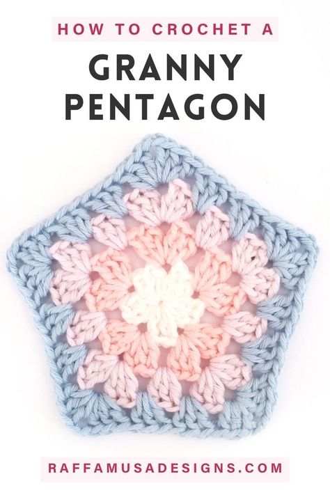 a crochet granny stitch pentagon made in multiple yarn colors Granny Pentagon, Granny Square Blankets, Classic Granny Square, Crochet Granny Stitch, Granny Square Crochet Patterns Free, Crochet Blanket Designs, Crochet Hexagon, Crochet Granny Square, Learn How To Crochet