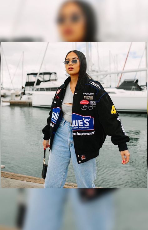 Ms.Crisssy on Instagram: “Follow my tiktok: https://vm.tiktok.com/t18YMq/” Race Car Jackets, Trendy Graphic Design, Hip Hop Jacket, Racing Jackets, Street Punk, Motorcycle Suit, Vintage Trends, Zippered Cardigan, Jackets Women