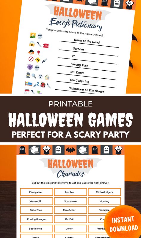 This halloween celebrate playing amazingly fun and scary Halloween Games #halloween #etsy #emoji #pictionary #charades #pumpkin #trivia #quiz #game #night #scary #horror #printable #instantdownload Halloween Charades For Teens, Scary Halloween Games, Halloween Trivia For Kids, Halloween Movie Trivia Questions And Answers, Halloween Pictionary Word List, Halloween Pictionary Adults, Halloween Emoji, Emoji Quiz, Freddy Krueger