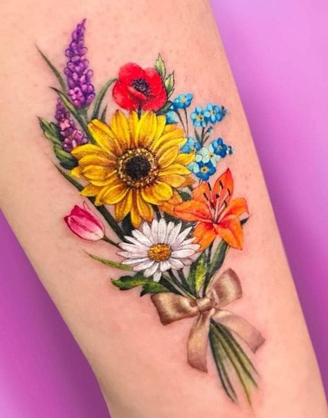 Sunflower And Violet Tattoo, Sunflower And Dragonfly Tattoo, Unique Sunflower Tattoos For Women, Daisy Tatoos, Sunflower Bouquet Tattoo, Sunflower And Rose Tattoo, Sunflower And Dragonfly, Sunflower Tattoo Ideas, Sunflower Tattoo Sleeve