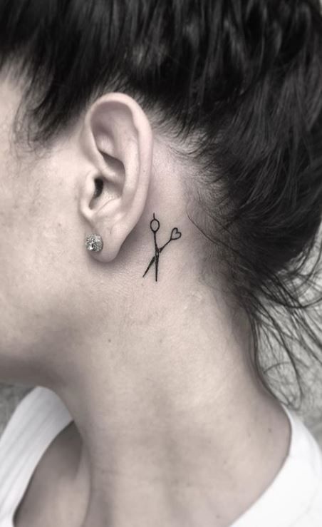 Tiny Hairdresser Tattoos, Hair Scissor Tattoos, Dog Groomer Tattoo, Scissor Tattoo, Shears Tattoo, Hairdresser Tattoos, Behind The Ear Tattoos, Hairstylist Tattoos, Tattoo Lotus