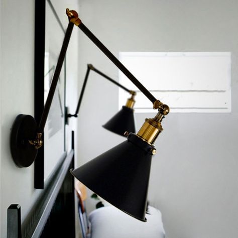 Adjustable Wall Lamp, Fitted Bedrooms, Black Lampshade, Metal Lamp, Light Bulb Types, Black And Brass, Light Sconces, Lamp Sets, Light Wall