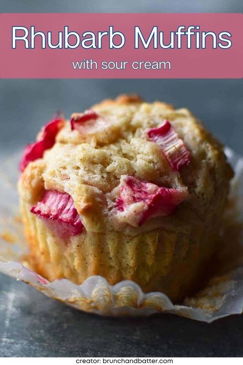 text rhubarb muffins with sour cream and photo of rhubarb muffins on gray table Recipes For Rhubarb, Rhubarb Muffins Recipe, Muffins With Sour Cream, Recipe With Sour Cream, Rhubarb Rhubarb, Rhubarb Muffins, Rhubarb Desserts, Simply The Best, Rhubarb