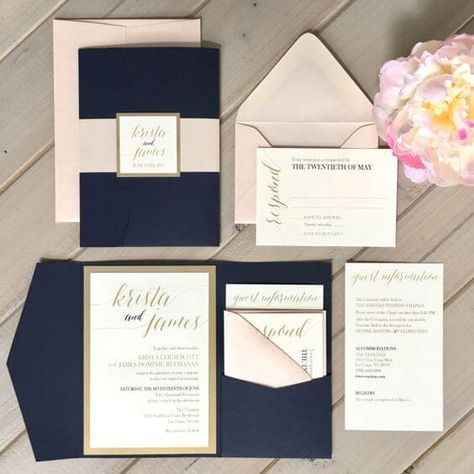 Bright Navy Blue And Champagne Winter Wedding Color Ideas - ColorsBridesmaid Navy Blue And Champagne, Champagne Wedding Colors, Blush Invitations, Navy And Blush, Navy Wedding Invitations, Pocket Invitation, Winter Wedding Colors, Blush Wedding Invitations, Pocket Wedding Invitations