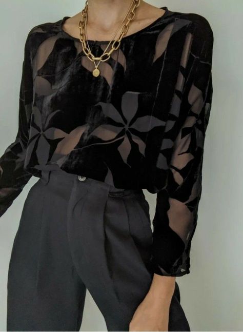 Black Evening Top, Black Velvet Blouse Outfit, Velvet Turtleneck Outfit, Black Velvet Shirt Outfit, Black Velvet Top Outfit, Velvet Blouse Outfit, Sheer Black Top Outfit, Velvet Shirt Outfit, Dark Blouse