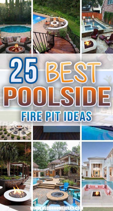 Backyard Fire Pit And Hot Tub Ideas, Patio With Pool And Fire Pit, Pool Landscaping Fire Pit, Fire Pit Ideas Near Pool, Pool Design With Fire Pit, Pool Patio With Fire Pit, Fire Pit Ideas Backyard By Pool, Firepits And Pool Backyard Ideas, Backyard Fire Pit Lounge Areas