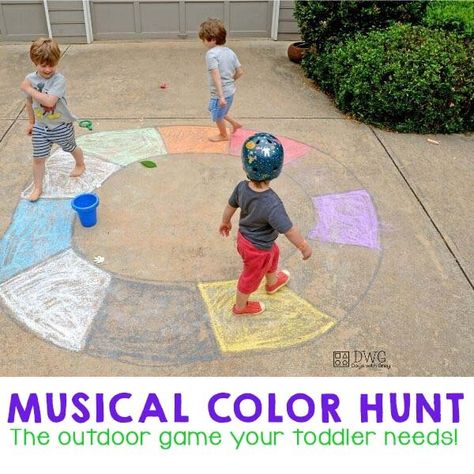 Calling all toddlers! This outdoor game is for you!With sunny weather and school out for ... Spring Outdoor Games For Preschool, Colour Hunt Preschool, Grey Colour Activity For Preschool, Outside Preschool Activities Outdoor Classroom, Outdoor Play Preschool Activities, Chalk Preschool Activities, Weather Outdoor Activities Preschool, Pre K Outdoor Activities, Simple Games For Preschoolers