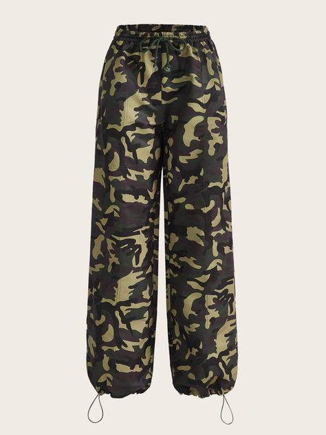 Multicolor Casual Collar  Woven Fabric Camo Parachute Embellished Non-Stretch  Women Clothing Parachute Trousers, Pants Embellished, Shein Icon, Wide Leg Sweatpants, Couple Matching, Pinterest Outfits, Dark Jeans, Women Pants, Compression Leggings