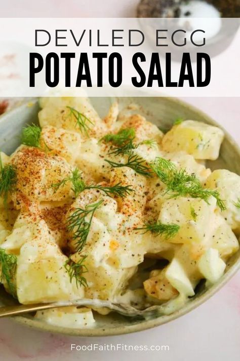 Turn everyone’s favorite appetizer into a side dish with this Deviled-Egg Potato Salad—eggs, mustard, mayo, and paprika invite potatoes along for the ride! Egg Potato Salad, Deviled Egg Potato Salad, Egg Potato, Southern Potato Salad, Deviled Eggs Recipe Classic, Potato Salad With Egg, Bbq Side Dishes, Creamy Potato Salad, Potato Recipes Side Dishes