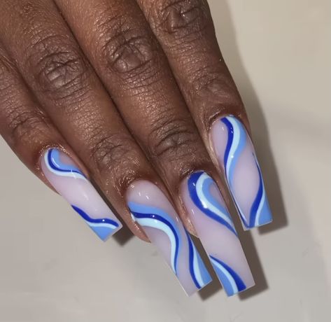 Blue Swirl Nails, Ambre Nails, Girly Tingz, Abstract Nail, Art Deco Nails, Hello Nails, Long Acrylic Nail Designs, Blue Acrylic Nails, Long Nail Designs