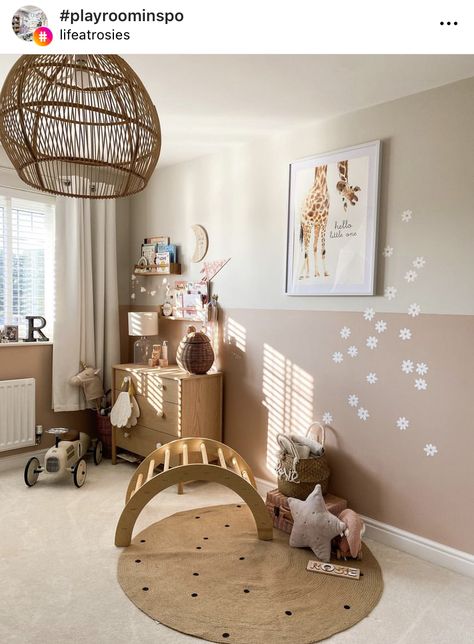 Playroom Half Wall Paint, Wall Paint Two Colors, Neutral Mural Wall, Half Painted Wall With Trim, Beige Half Wall, Half Accent Wall Nursery, Room Half Painted, Toddler Room Wall Paint, Half Wall Paint Kids Room