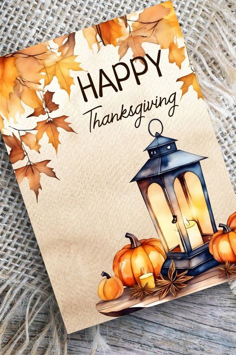 Happy Thanksgiving editable template greeting card rustic watercolor lantern with candle maple leaves pumpkins Watercolor Thanksgiving Cards, Watercolor Lantern, Lantern With Candle, Thanksgiving Watercolor, Boho Pumpkin, Watercolor Holiday Cards, Painted Cards, Watercolor Holiday, Rustic Watercolor