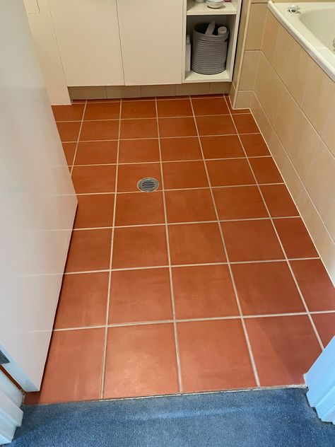 Hi,  I have red terracotta tiles in my kitchen, bathroom and laundry but I'm sick of the colour.  I also need to replace my carpet.  Rather than drilling and ripping the tiles up, is it easier /possible to paint them in a neutral colour?  Attached are current pics and the carpet I'll be choosing.  I... Red Tile Bathroom, Painted Terracotta Tiles, Paint Terracotta, Terracotta Tile Floor, Painting Bathroom Tiles, Terracotta Floor Tiles, Painted Bathroom, Red Floor, Terracotta Floor